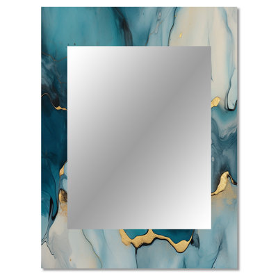 Makhi Turquoise Gold Infused Marble IV - Fractals Wall Mirror, Modern Decorative Mirror, Printed Metal Art