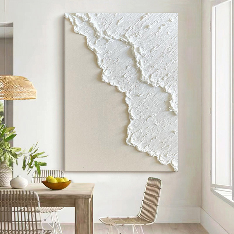 Art mural sur toile minimaliste blanc texturé 3D à la main, peinture abstraite côtière neutre sans cadre pour le salon