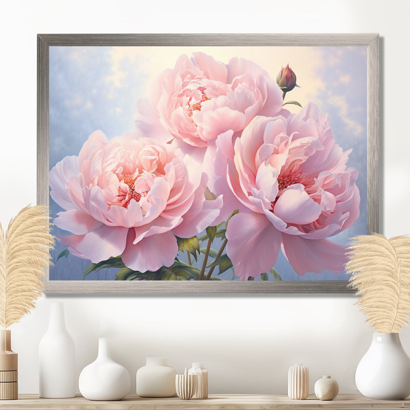 Pivoine rose II - art mural floral, H 12 po x l 20 po x P 1 po, Cadre simple argenté