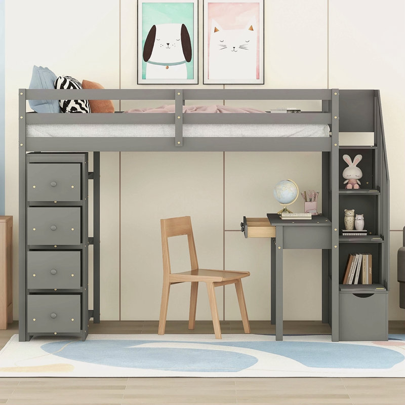 Lit mezzanine simple avec tiroirs de rangement, bureau et escalier, lit mezzanine en bois avec tablettes