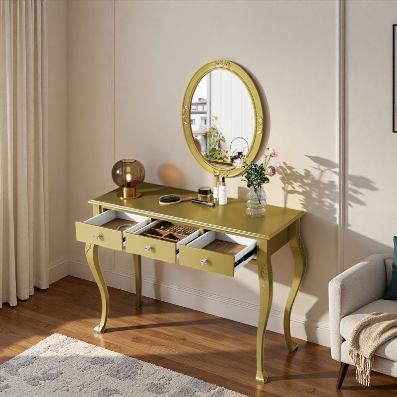 Luxury Makeup Vanity Desk With Oval Mirror, 3 Drawers And Intricate Carvings, Gold