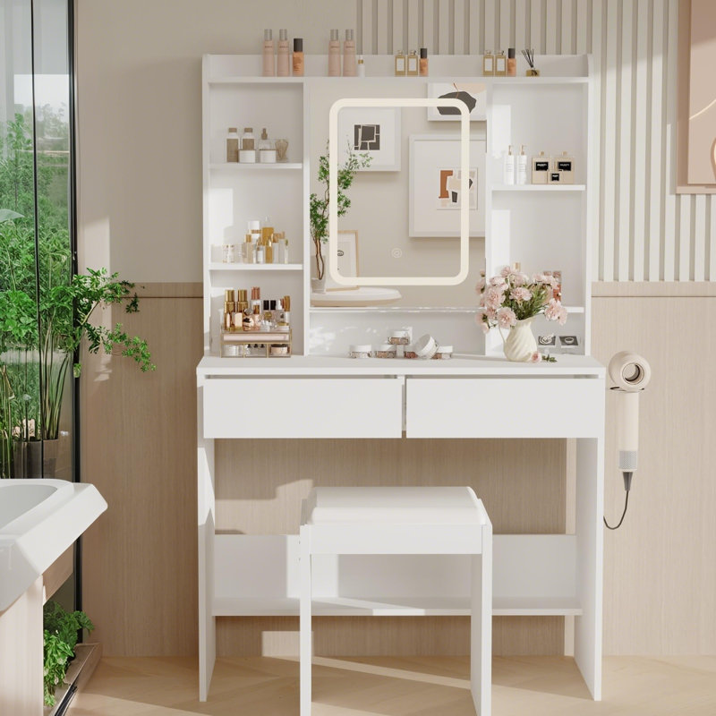 Bureau de coiffeuse avec miroir et lumières, prises USB, support pour sèche-cheveux, lumière DEL réglable avec 3 modes d'éclairage