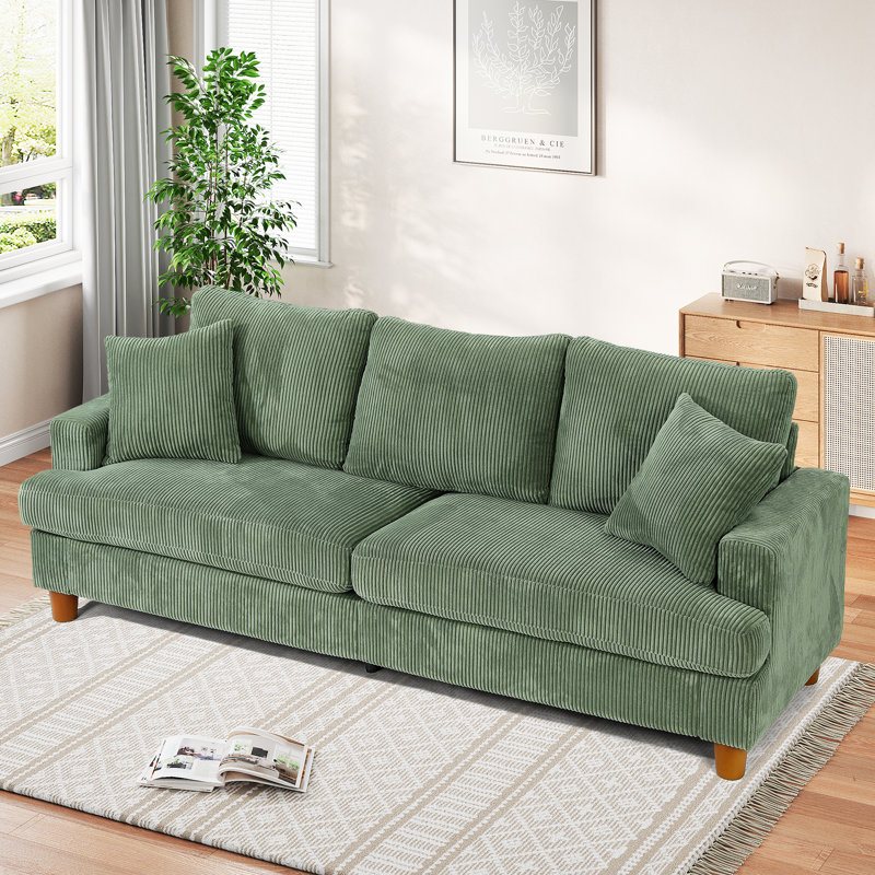 87"Solid Wood Leg Corduroy 3-Person Sofa with 2 Pillows, Green