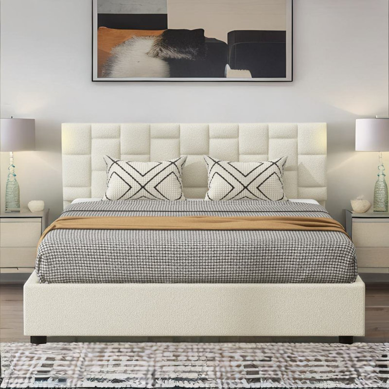 Lit plateforme tapissier grand Bradvale, Beige