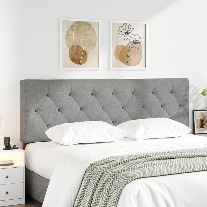 Adjustable Height Upholstered Headboard,Foldable Queen LightGrey, Light Gray, Queen