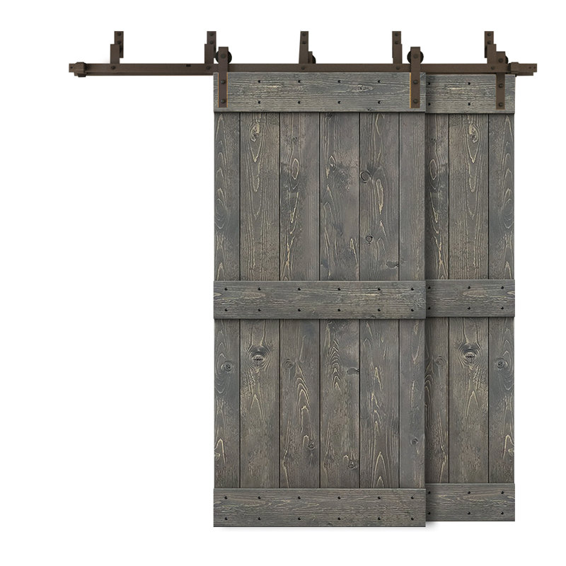 Porte de grange double à panneaux en bois teinté à panneau Mid-Bar, 80 po x 84 po, Gris patiné