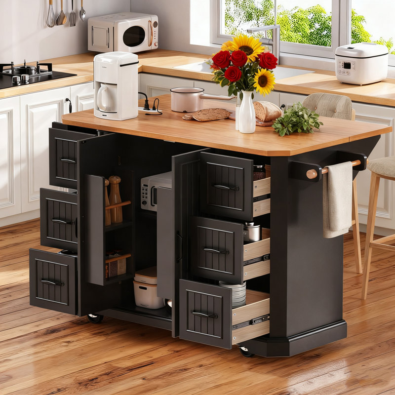 Rustic Rolling Kitchen Island with Drop Leaf, Power Outlet, and Ample Storage on 4 Wheels for Modern Kitchens, Black