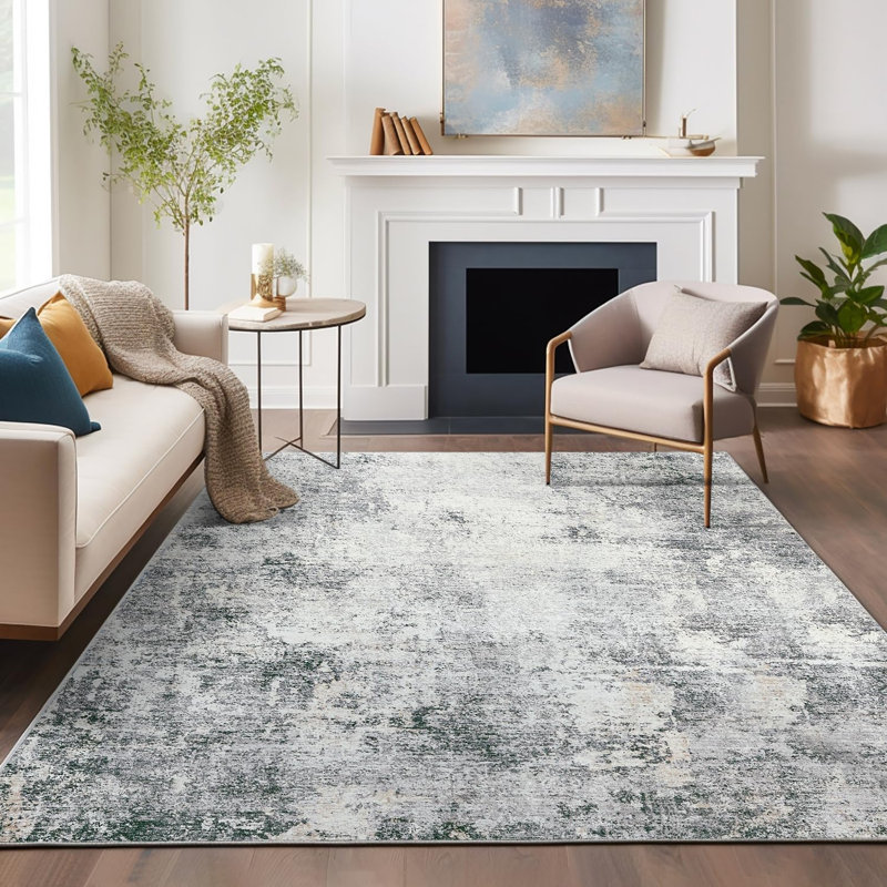Abstract Non-Slip Machine Washable Grey Runner Rug, Rectangle 6' x 9'