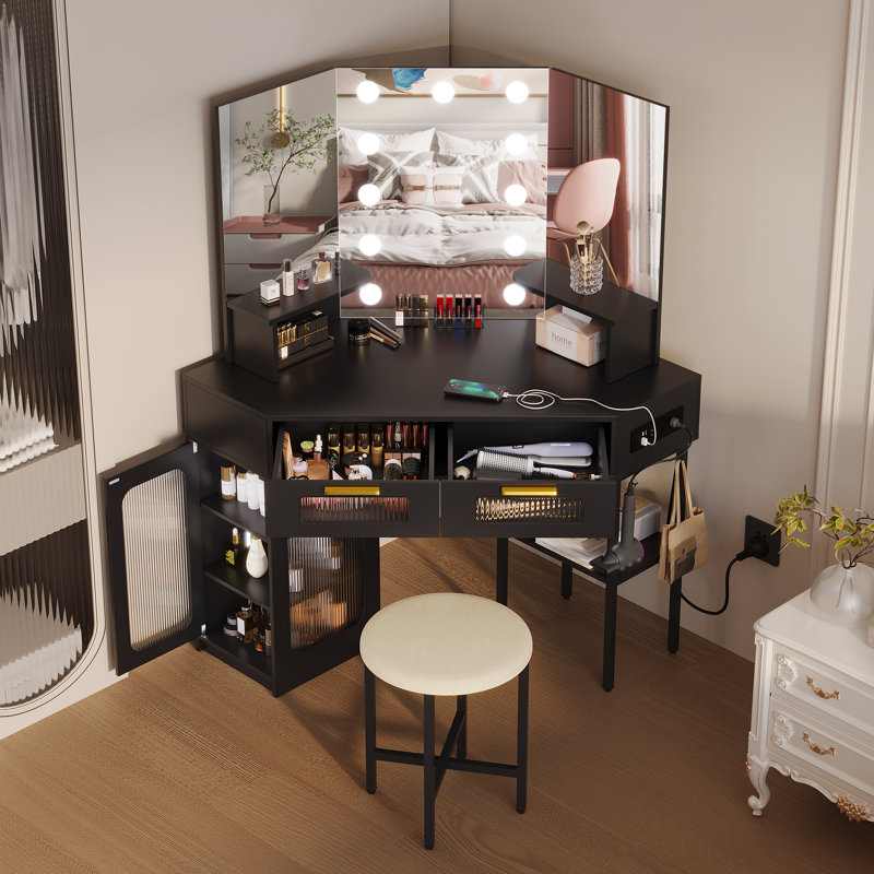 Dressing Table with Motion Sensor 3-colour lighting, Charging Socket, Storage Drawers and Stool, Black