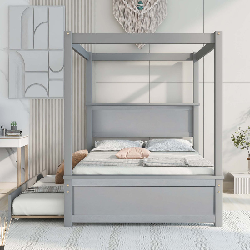 Wood Canopy Bed With Trundle Bed, Gray