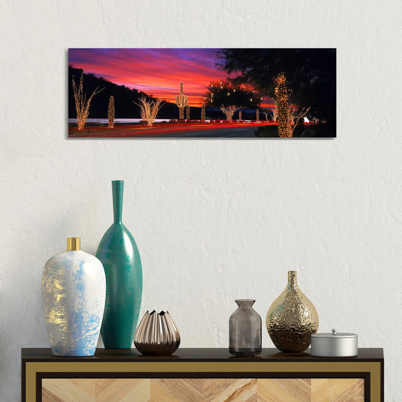 Christmas Lights On Roadside Cacti & Trees, Phoenix, Arizona, USA - Wrapped Canvas Panoramic Print