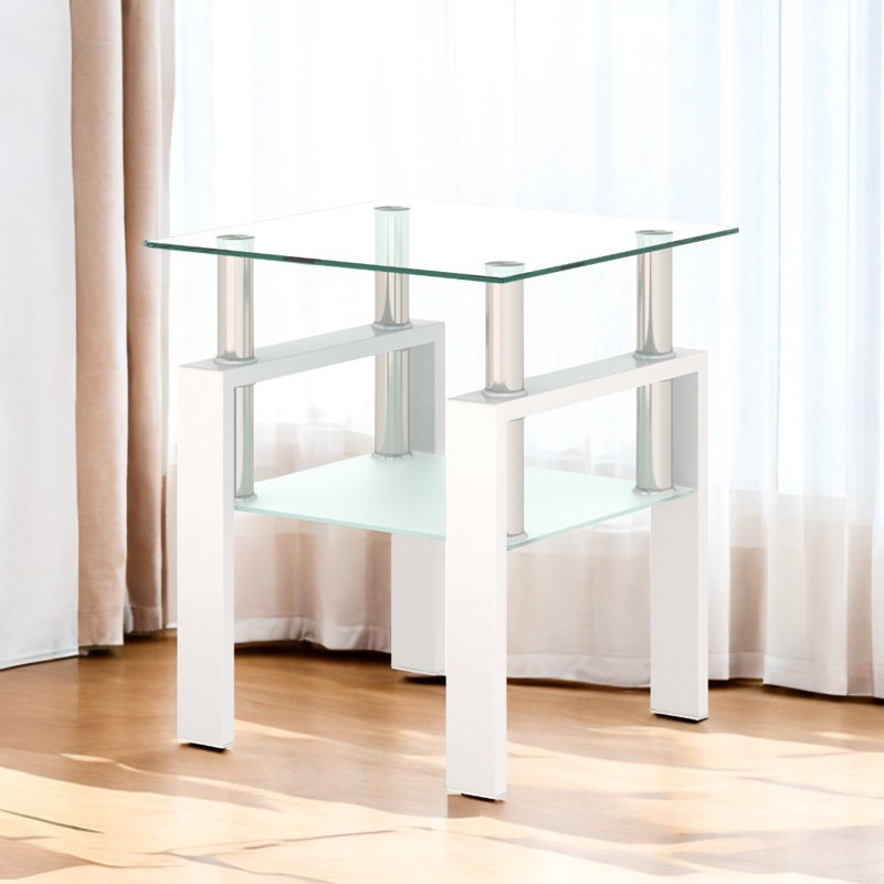 Tempered Glass Tea Table With Metal Legs, White/Clear, 1