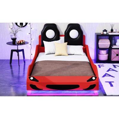 Lit de voiture de course rouge avec bande DEL et plateforme de nuit rembourrée Cozy Lighting