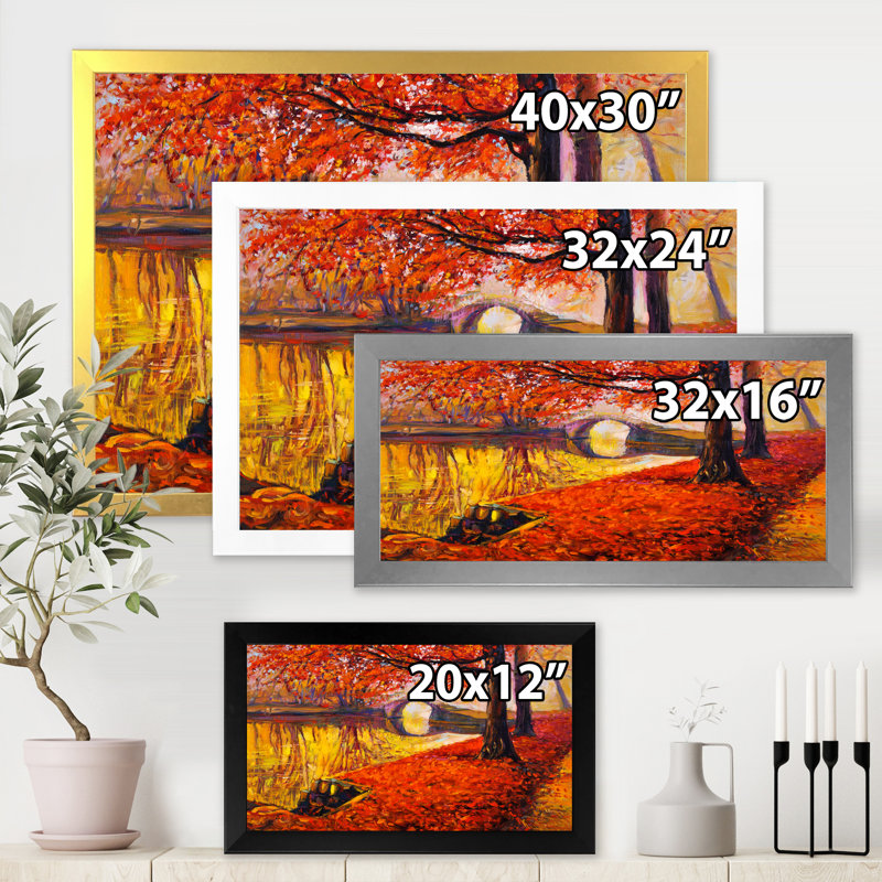 «Little Bridge in Orange Autumn Landscape I», peinture sur toile, Cadre photo argenté, H 12 po x l 20 po x p 1 po