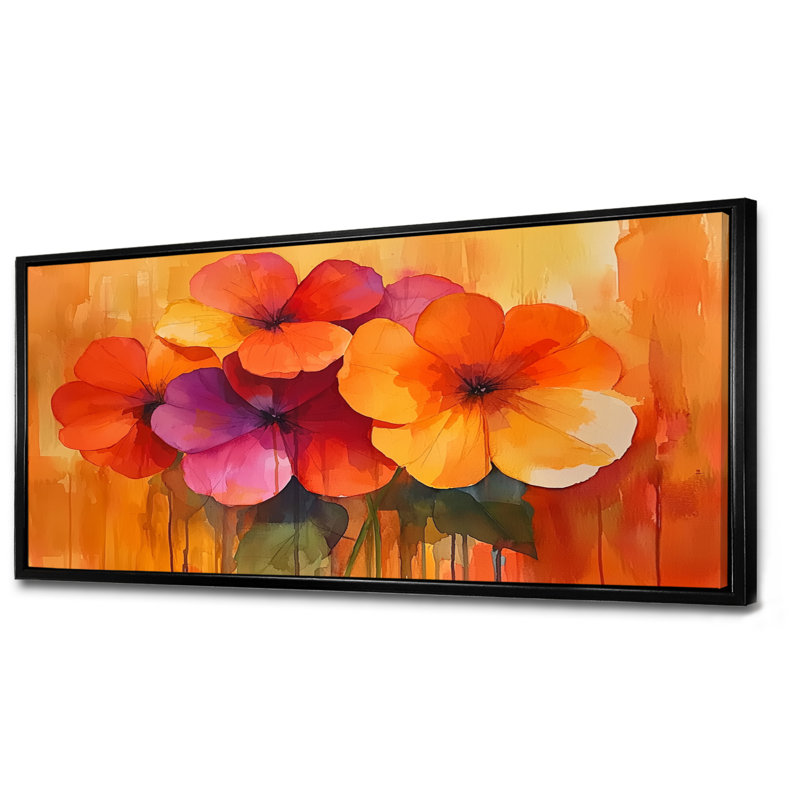 «Burnanium Geraniums In Fiery Shades Expression II» - art mural géraniums, H 28 po x l 60 po, Cadre flottant, Noir