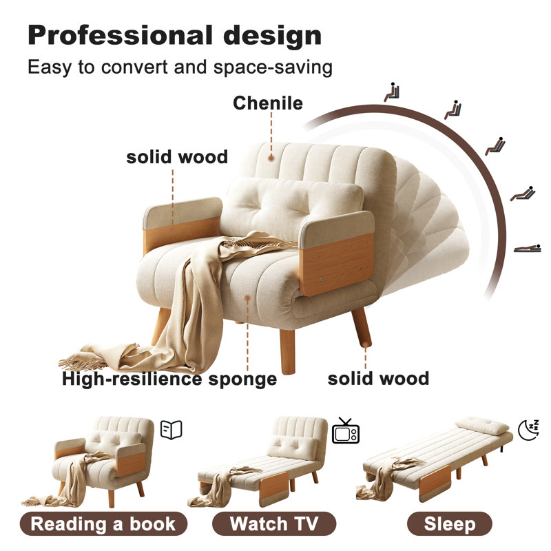 Canapé-lit à coussin en lin de 27,56 po avec pieds en bois massif et pochette de rangement latérale - pour le salon, la chambre à coucher et plus encore