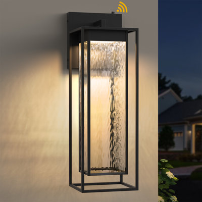 1 - Light 28''H Dimmable Led Black Iron and Water Ripple Glass Outdoor Wall Light with  Dusk to Dawn