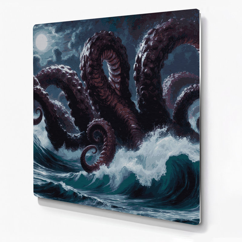 Art mural gris Sci Fi Kraken tentacules sortant de l'océan