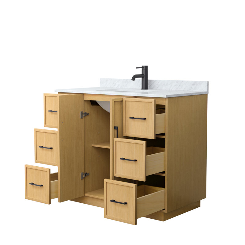 Meuble-lavabo simple autoportant avec plateau en marbre Elan TK, Chêne clair, Noir mat