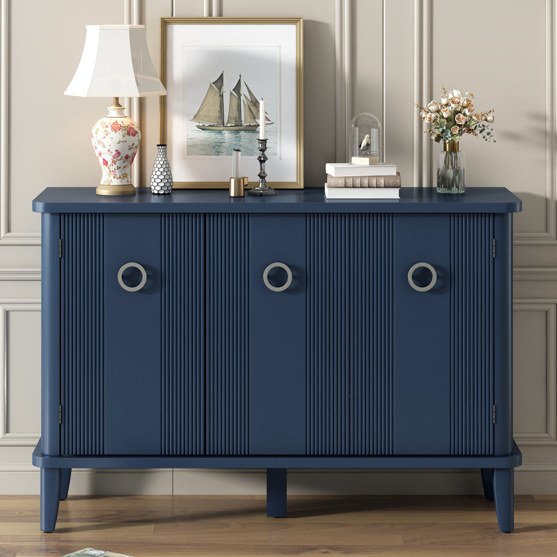 Rustic Acacia Wood Storage Cabinet with Three Solid Doors, Navy