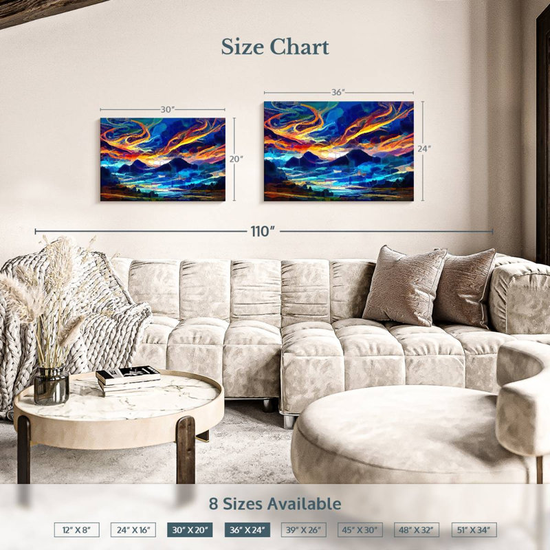 Abstrait coucher de soleil abstrait - reproduction sur toile tendue, H 24 po x l 36 po x P 1,25 po