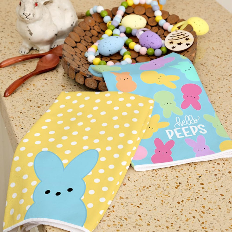 Easter Kitchen Towels Set Of 2,White Polka Dot Bunny Hello Peeps Dish Towels 18X26 Inch Drying Dishcloth,Farmhouse Holiday Seasonal Spring Decorations AD251