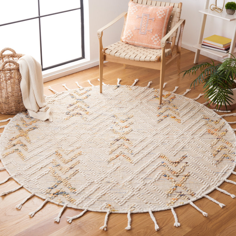 Holtsville Hand Loomed Wool/Jute/Cotton Geometric Rug in Orange/Ivory, Round 6'