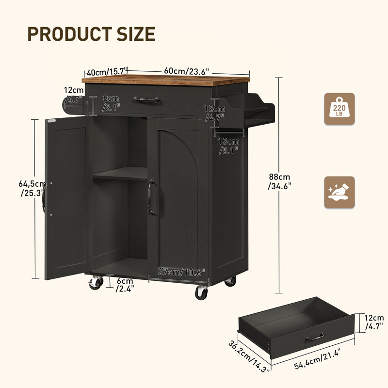 Small Kitchen Island with Storage Cabinet and Drawer, Rolling Kitchen Cart on Wheels with Spice Rack and Towel Rack, Black