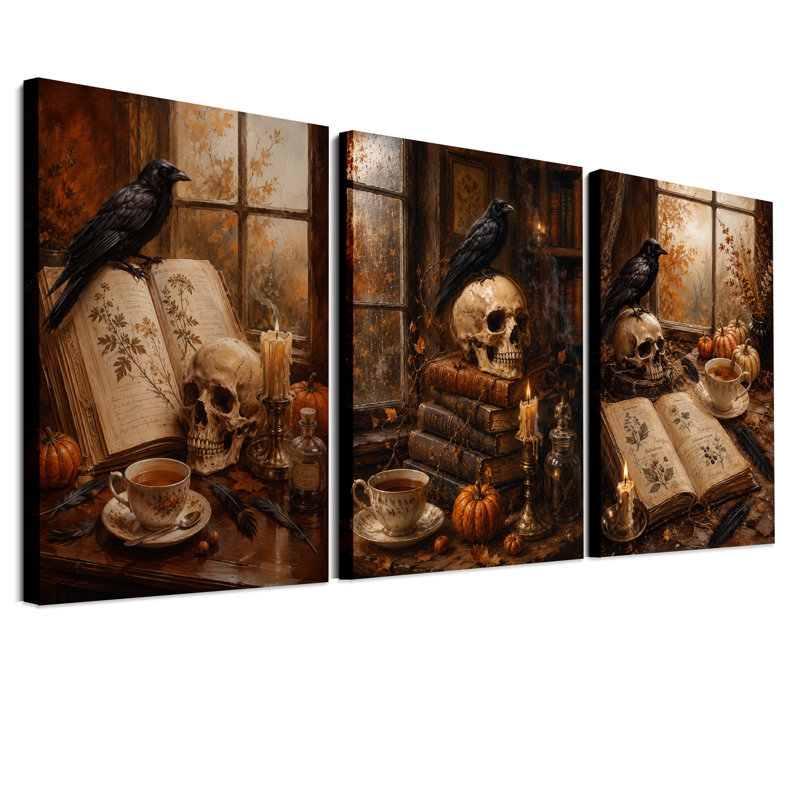 Ensemble de 3 toiles murales gothiques représentant des corbeaux noirs sur des crânes, sur le thème d'Halloween.