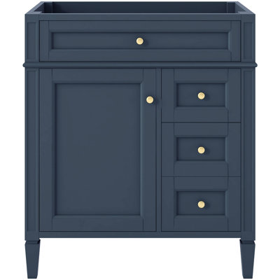 Modern Design 30'' Bathroom Vanity Without Top Sink, 3 Drawers, Cabinet Door Organizer, Adjustable Shelf, Tip - Out Drawer, Diverse Storage, Blue, Solid Wood & , Textured Handle, Roman Legs For