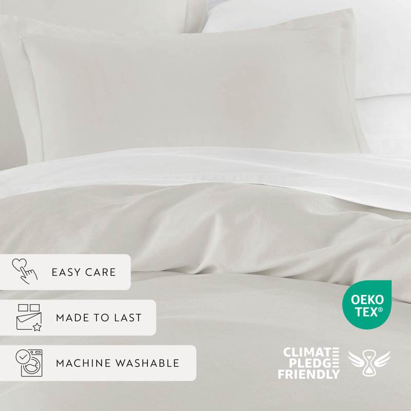 Vintage Washed Long-Staple Sateen Cotton Duvet Cover Set, Ivory, Queen Duvet Cover + 2 Standard Shams