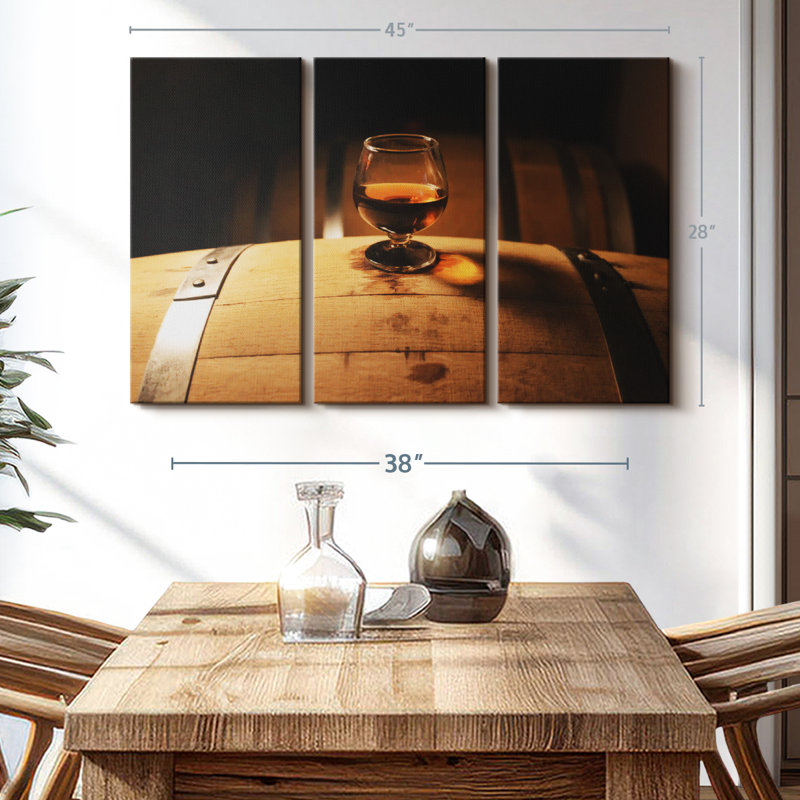 «Whiskey Glass On Barrel» sur toile, H 28 po x l 45 po x P 1,25 po