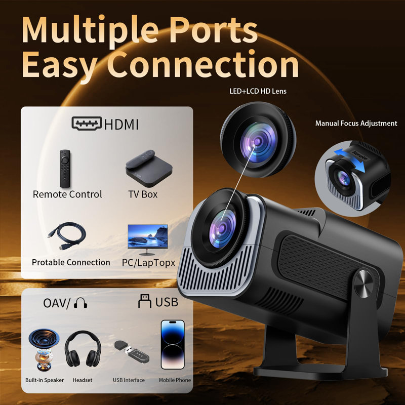 Projector 1080P Full HD, 4K Projector With 180° Rotation, Built-In App Portable Projector Wifi 6 & Bluetooth 5.2 Support,Featuring Auto Keystone Correction,HDMI/USB Connectivity Projector
