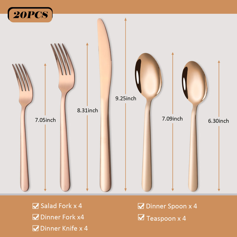Couverts en acier inoxydable - ensemble de 20, Or rose