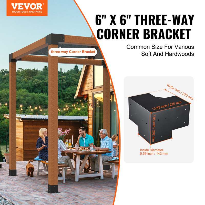 Ensemble de support de poteau de poteau de bricolage à 3 voies en bois robuste de 6 po x 6 po avec support de poteau VEVOR 6 po x 6 po, poutres en bois faciles à installer pour les pavillons de jardin, les pergolas de patio, la quincaillerie d'extérieur pour cabane en rondins