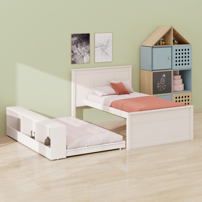 Lit plateforme avec lit gigogne et rangement sous le lit, Blanc, crème