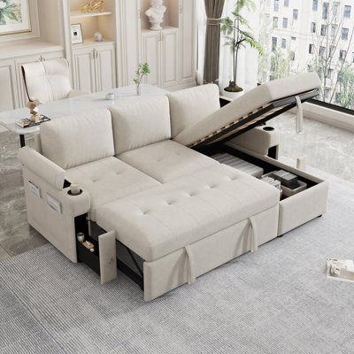 Canapé modulaire de 83,5 po avec canapé en L et canapé-lit modulaire avec grand espace de rangement, deux porte-gobelets et deux ports USB pour le salon