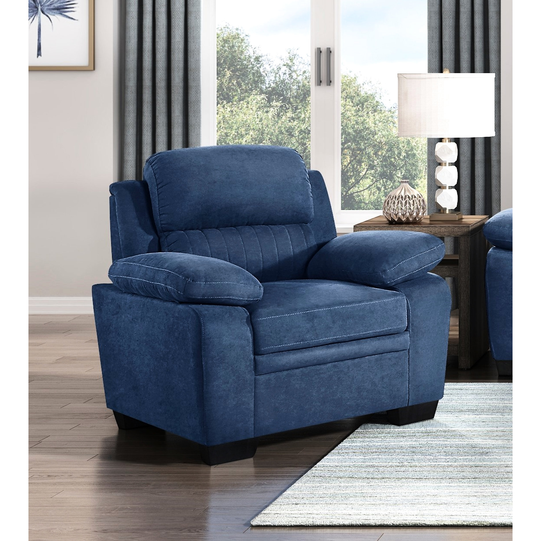 Latitude Run® Wood Frame Armchair With Blue Textured Fabric Upholstery ...