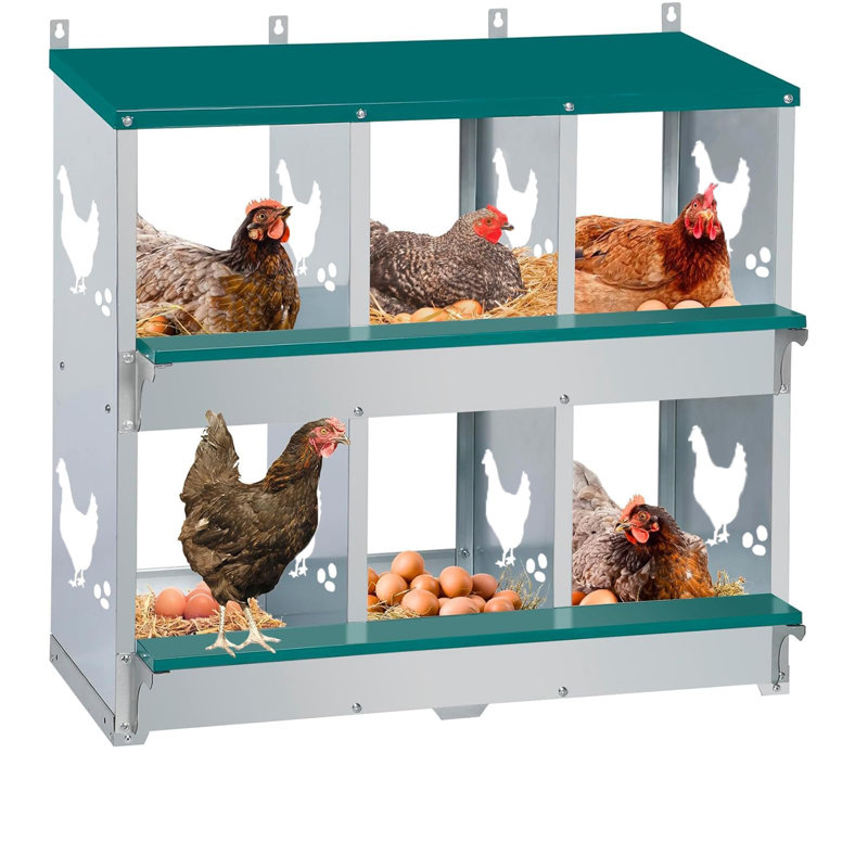 Boîte de nidification de poulet en acier galvanisé à 6 compartiments, grande boîte de nid de poule avec faux œufs et nichoirs souples, fixation murale autoportante pour poulailler