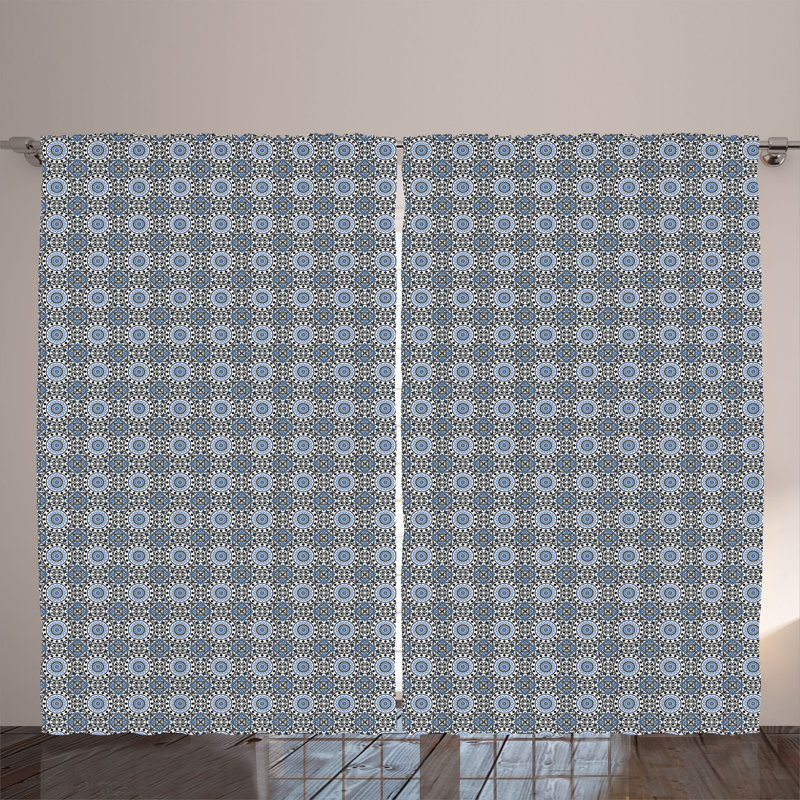 Rustic curtain, mosaic motif, white blue gray