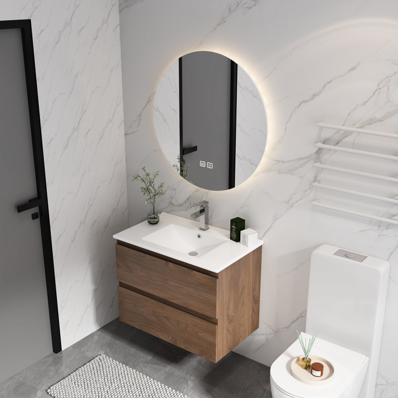 Meuble-lavabo moderne avec lavabo en céramique et 2 tiroirs à fermeture légère 24 po. Tiroirs souples, mise à niveau. Design, contreplaqué