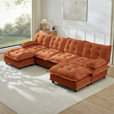 138" U Shaped Modern Sofa Modular Sectional Cloud Couch With 2 Ottomans, 4-Seat Chenille Deep Seat Sofa With Comfy Lattice Decored Seat Cushion, Bedroom And Apartment