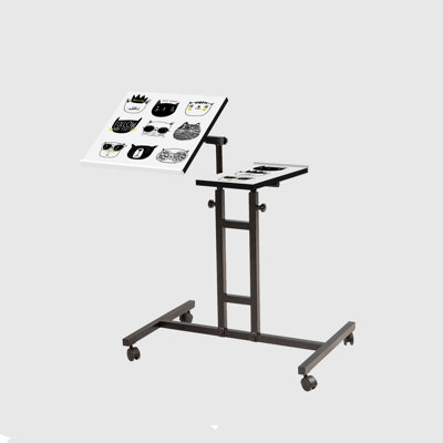 Bureau ajustable pour ordinateur portable avec cadre en métal, blanc et noir | 39,4 po x 34,3 po x 17,7 po | 100% panneau de particules enduit de mélamine, capacité de charge maximale: 17,6 lb | Pieds sur roulettes, rangement supplémentaire, parfait pour le bureau à domicile et le bureau