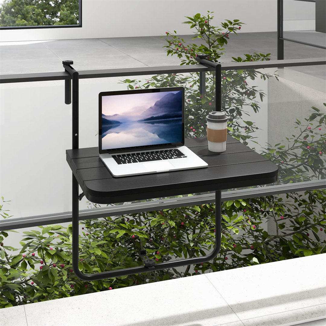 Balcony Hanging Table, Folding Railing Table Hanging Coffee Side Tables With 3-Level Adjustable Heights,  Black (Black)