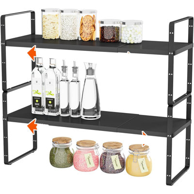 Ensemble de 2 étagères de rangement extensibles et empilables en métal pour armoire et comptoir, support de rangement de cuisine réglable avec construction robuste, noir