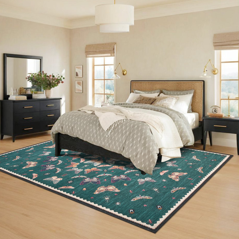 Tapis vintage à motifs papillons et poils ras, Sarcelle, 8 x 10 pi