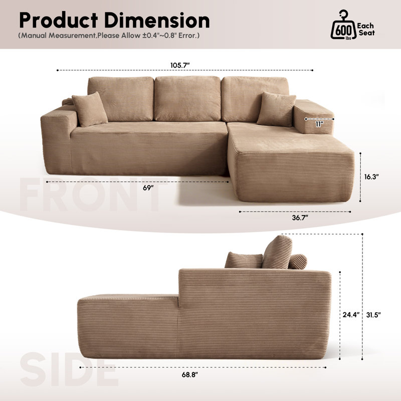 Sabit Boneless 2 - Piece Free Combination Sectional-No Assembly Required Compression Sofa, Right Hand Facing, Tan Corduroy