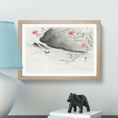 Pink Flowers & Insect by the River by Ohara Koson - Framed Print