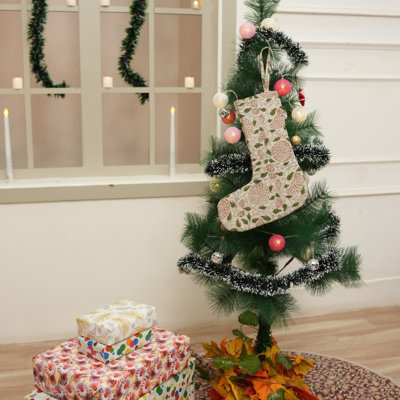  Chaussette de Noël artisanale en lin imprimée à la main - Karwachauth