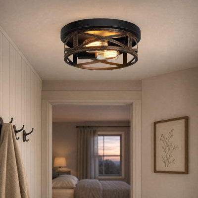 Lot de 2 plafonniers encastrés industriels en bronze mat à 2 lumières, structure métallique ajourée entrecroisée, luminaires de plafond ronds de style ferme pour corridor, cuisine ou entrée.